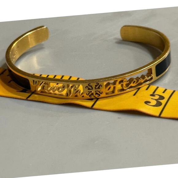 Rustic Cuff Gold & Black Enamel Inspirational Laugh Often Cuff Signed Bracelet - Picture 6 of 16